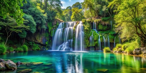 waterfall cascade into crystal clear lake