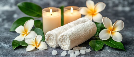 A Serene Spa Arrangement: Soft White Towels, Lush Green Leaves, Pure White Candles, and Delicate Yellow and White Flowers Create a Tranquil Ambiance for Relaxation and Wellness