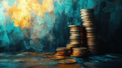 A Vibrant Still Life of Stacked Coins Against a Dramatic Colorful Background Reflecting Wealth and Investment Concepts