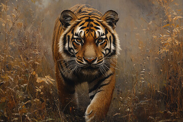 Fototapeta premium Intense Gaze, A Tiger's Focused Stride Through the Whispering Grass