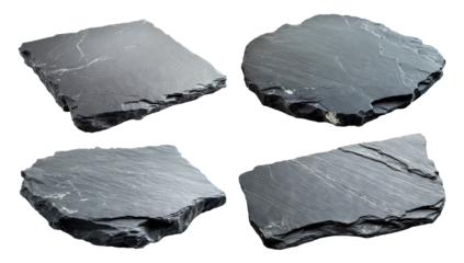 Set of natural black slate stones with rough edges, isolated on transparent cutout background