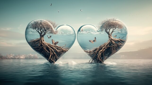 A digital illustration of two heart-shaped glass sculptures with tree roots and butterflies inside, floating on a body of water. - Powered by Adobe