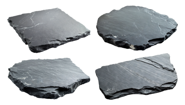 Set of natural black slate stones with rough edges, isolated on transparent cutout background