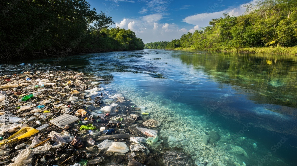 Poster Comparison of a polluted river filled with trash and a pristine stream showcasing environmental contrast in nature. Generative AI