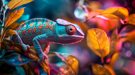 Vibrant panther chameleon resting on tropical foliage, displaying vivid multicolored scales in lush rainforest habitat, perfect for wildlife photography, nature conservation, exotic animals