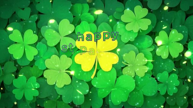 happy st patricks day text shiny stars and glowing glittering particles on a green background this Saint Patrick's Day celebration background animation is 4k hd video st patrick day