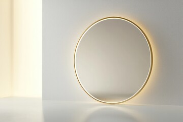 Gold mirror, circular thin frame, minimal space, soft ambient reflection.
