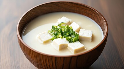 Delicious bowl of warm soup with tofu and fresh vegetables garnished with herbs for a comforting meal