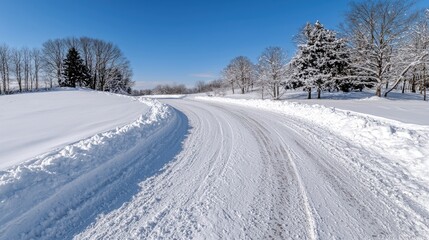 Obraz premium Snowy country road winding through winter landscape