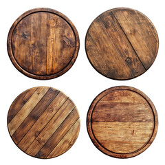 Set of rustic wooden round boards with natural texture, isolated on transparent cutout background