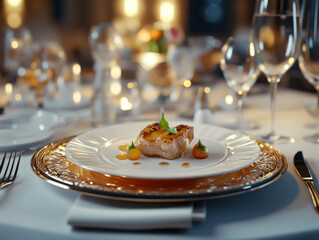 beautifully plated gourmet dish on elegant dining table, surrounded by soft candlelight