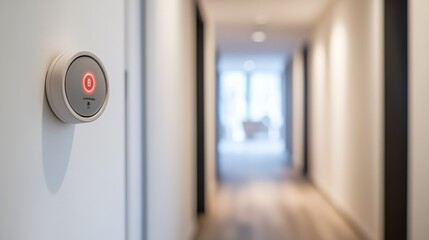 Carbon monoxide detector in a small apartment hallway. Featuring prevention and vigilance
