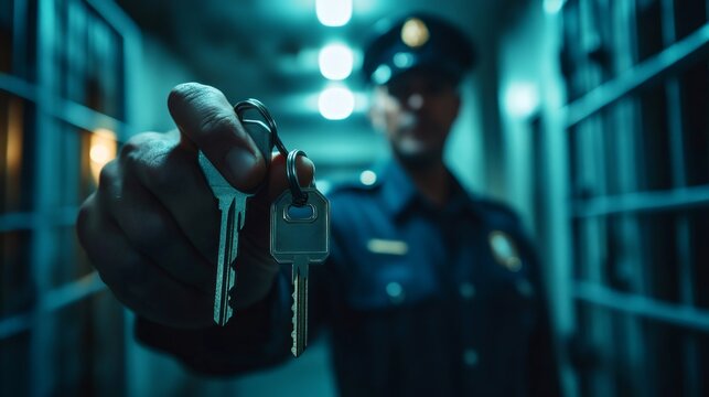 Prison guard holding keys in a jail corridor