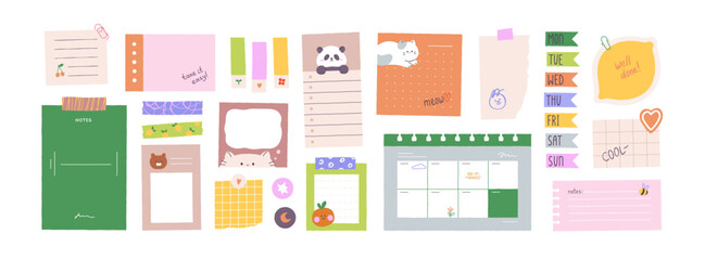 Papers, memo notes, stickers, tapes and tags set. Cute school stationery. Pages, sheets, lists, schedule for planner, notepad, notebook. Kids flat vector illustrations isolated on white background