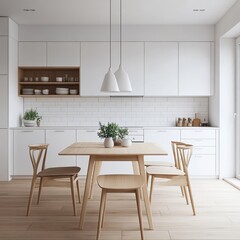 Modern minimalist kitchen features a dining table and chairs