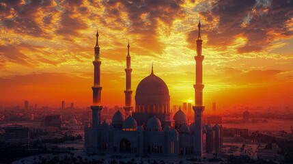 Silhouette of a mosque with minarets at sunset, glowing under a golden sky with dramatic clouds