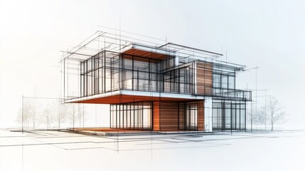 Architectural sketch of a modern house design, showing a contemporary, multi-level structure with glass panels and wooden accents.