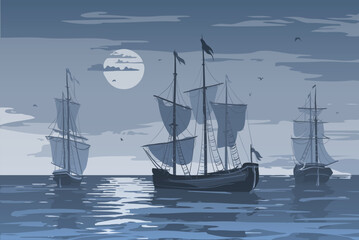 Vector illustration - seascape with sailing ships. Blue tones