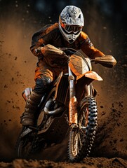 Naklejka premium Adventurous person riding a dirt bike on a rough terrain trail with dust clouds and thrilling speed in the outdoors