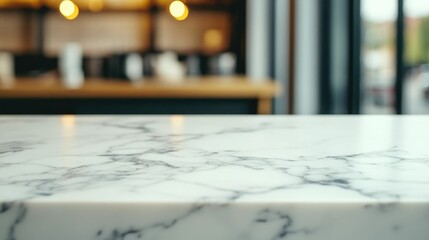 Elegant marble bar top with a blurred background of a chic kitchen and soft natural light streaming through the curtains