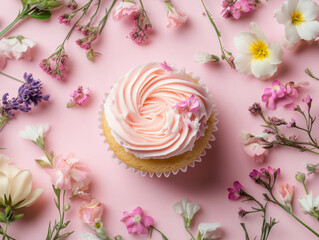 Fototapeta premium Delightful cupcake surrounded by colorful flowers on pink background