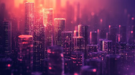 Fototapeta premium Stunning Night View of a Futuristic Cityscape With Neon Lights and Skyscrapers Depicting a Vibrant Urban Atmosphere at Dusk