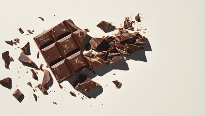 Broken dark chocolate bar on white background