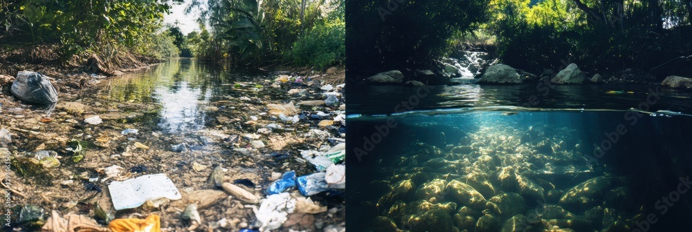 Poster comparison of a polluted river filled with trash and a crystal clear water stream highlights environ