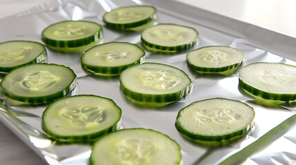 Freshly Sliced Cucumber Circles on Foil Ready for a Healthy Snack or Garnish Presentation