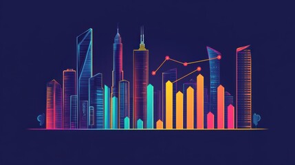 Obraz premium Cityscape Skyline with Growth Chart: A vibrant, artistic illustration of a cityscape skyline, interwoven with an upward trending growth chart, symbolizing urban development and economic progress