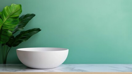 Elegant white marble countertop in a minimalist bathroom design  accentuated by a serene and calming view of lush greenery through a frosted glass window  creating a soothing and relaxing ambiance