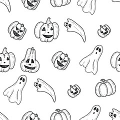 Hand Drawn Happy Halloween Seamless Pattern black and white background. Pumpkin, Ghost, Bat, Skull Sketch doodle monochrome vector