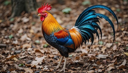  a strikingly colorful wild rooster, likely a Sri Lankan junglefowl or a related species, standing on a forest floor covered in dry leaves