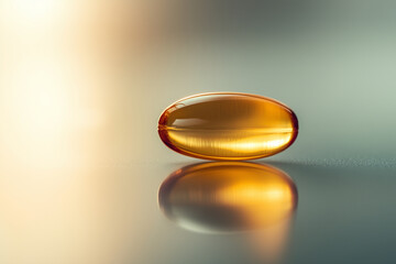 Golden omega-3 capsule reflecting light, representing essential fatty acids for brain function, cardiovascular health, and longevity-focused nutrition.