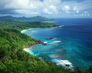 Obraz premium Beautiful landscape showing green hills along a tropical coastline