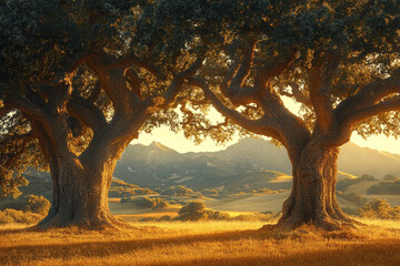 Naklejka premium Golden Hour Embrace, Ancient Trees Framing Mountain Vista in Serenity