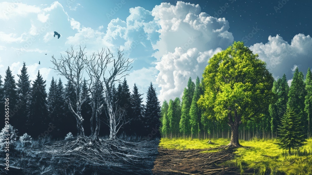 Poster contrasting deforested land with dead trees and a vibrant green forest representing nature conservat