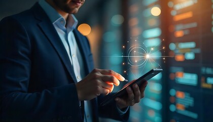 Man in suit uses a smartphone with digital overlay and blurry background screen