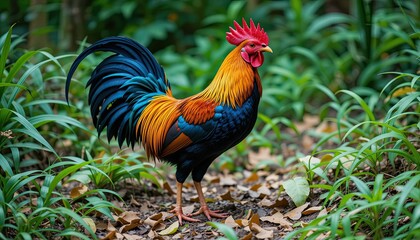  Sri Lankan junglefowl stands proudly on the forest floor, surrounded by lush green grass