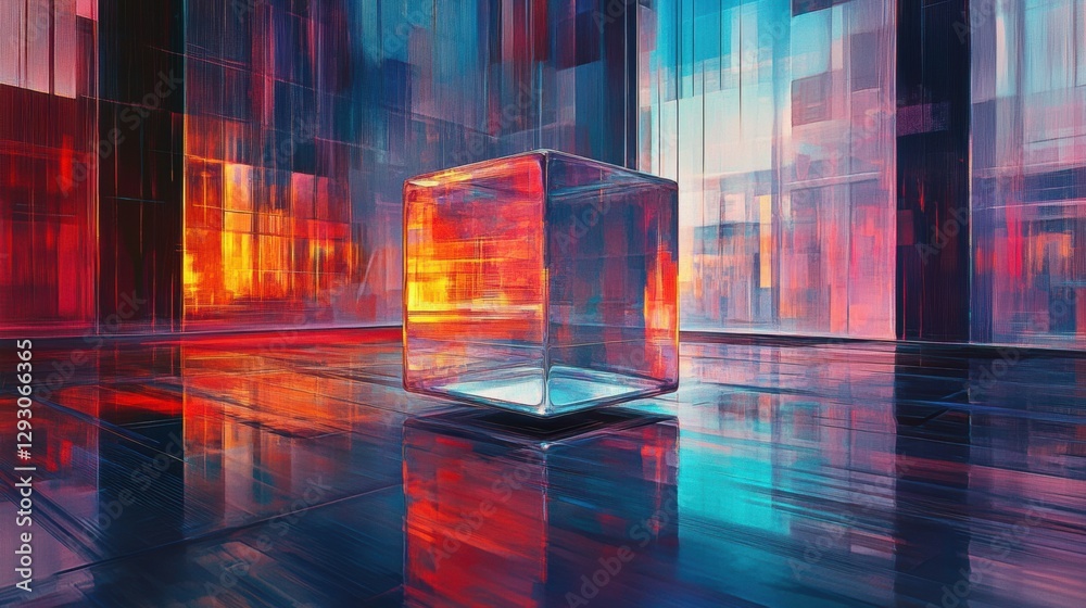 Aufkleber Colorful glass cube in an abstract environment surrounded by vibrant reflections and vivid hues. Generative AI