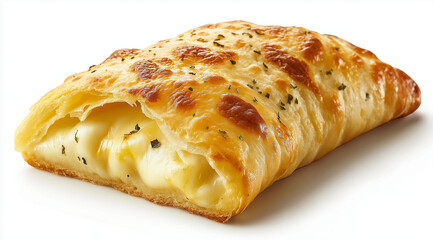 Photo of an empanada on a white background, with natural light creating soft shadows and highlights to accentuate the golden crust and warm filling. The presentation is clean, with