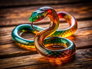 Obraz premium Glass Snake Figurine on Rustic Wood: Elegant Decorative Object
