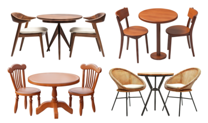 Set of round wooden tables with matching chairs, isolated on transparent cutout background