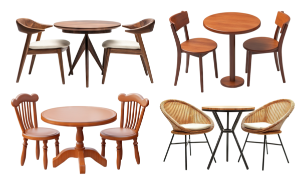 Set of round wooden tables with matching chairs, isolated on transparent cutout background