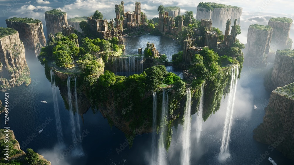 Poster a fantasy-inspired floating island surrounded by waterfalls.