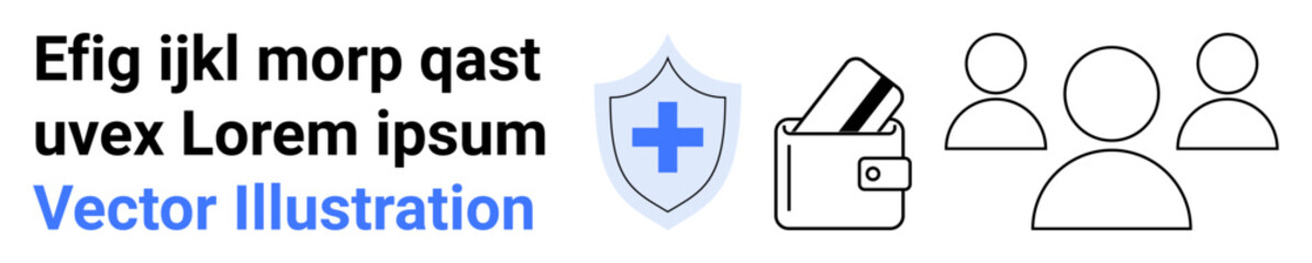 Shield with medical cross, wallet with cards, and group icon next to placeholder text. Ideal for security, digital safety, finance, community, identity protection, healthcare landing page
