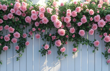 Fototapeta premium Pink roses climbing on a white wooden trellis, pink and green color palette, pink flowers in the background, detailed photorealistic image of flowers, pink roses growing on a wh