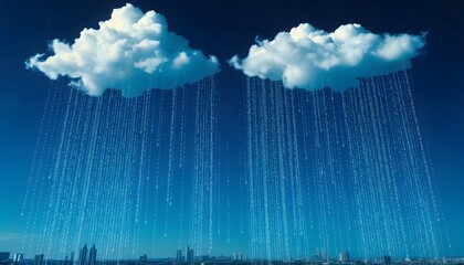 Digital Rain Over Cityscape Representing Data Flow and Information Technology Concepts