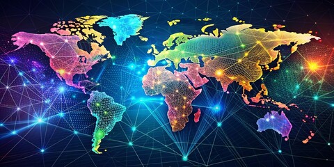 Obraz premium Global Network Connection: Point, Line, Surface World Map Visualization