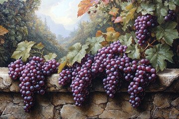 Vineyard Vista, A Still Life of Plump Grapes Overlooking a Distant Valley